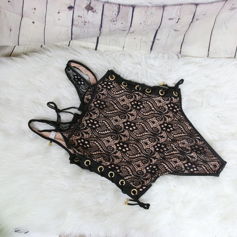 Sexy One Piece Black Lace Swimsuit - Picture 4 of 4
